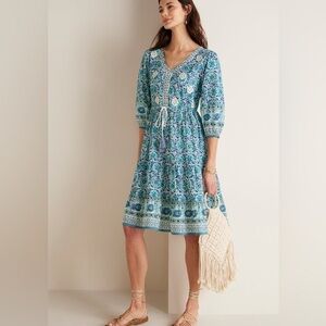 Soft Surroundings Nerissa Dress Embroidered Blue Print Tassle Dress Size Small